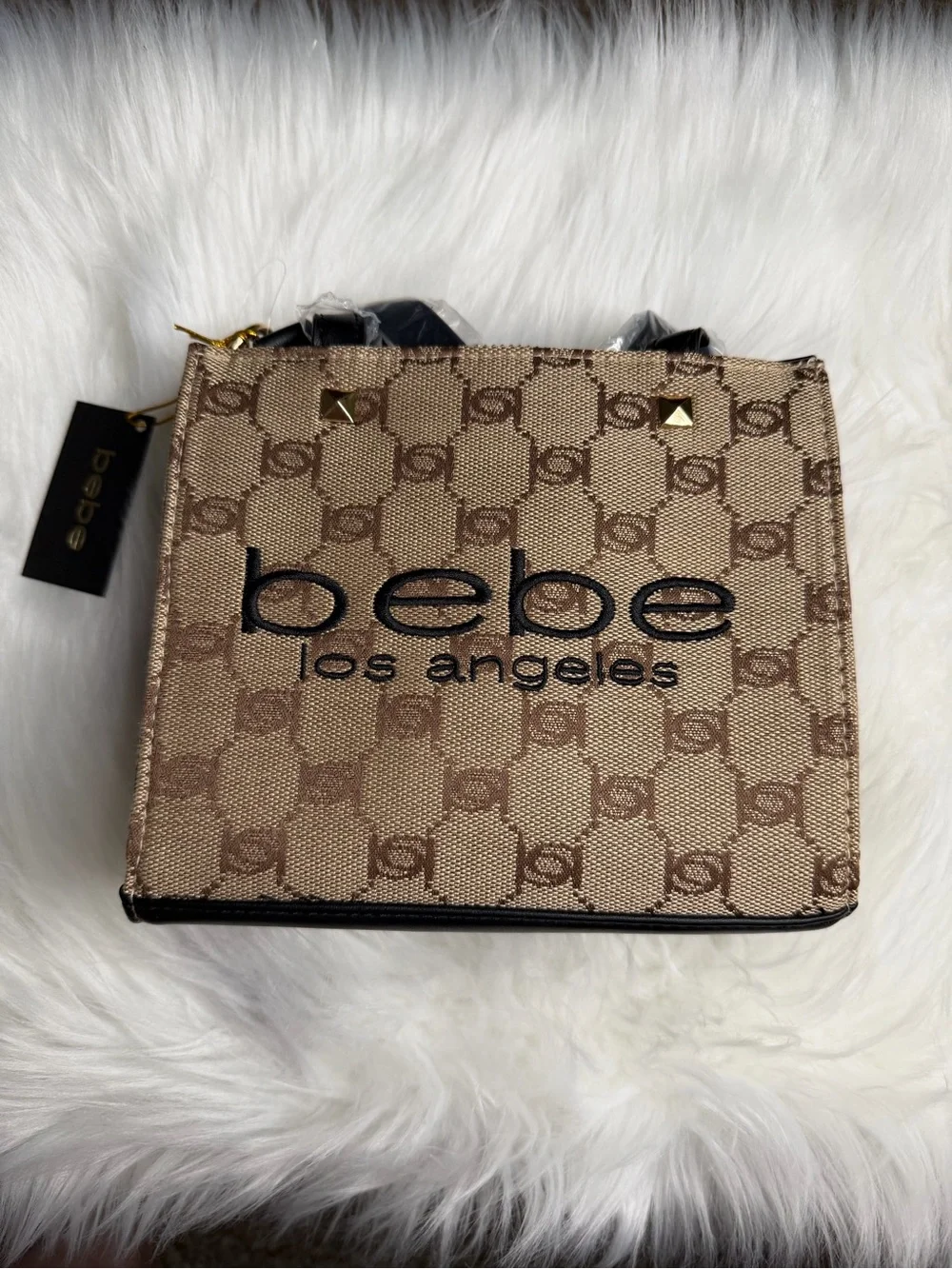 bebe Beige Logo Satchel with Patterned Canvas